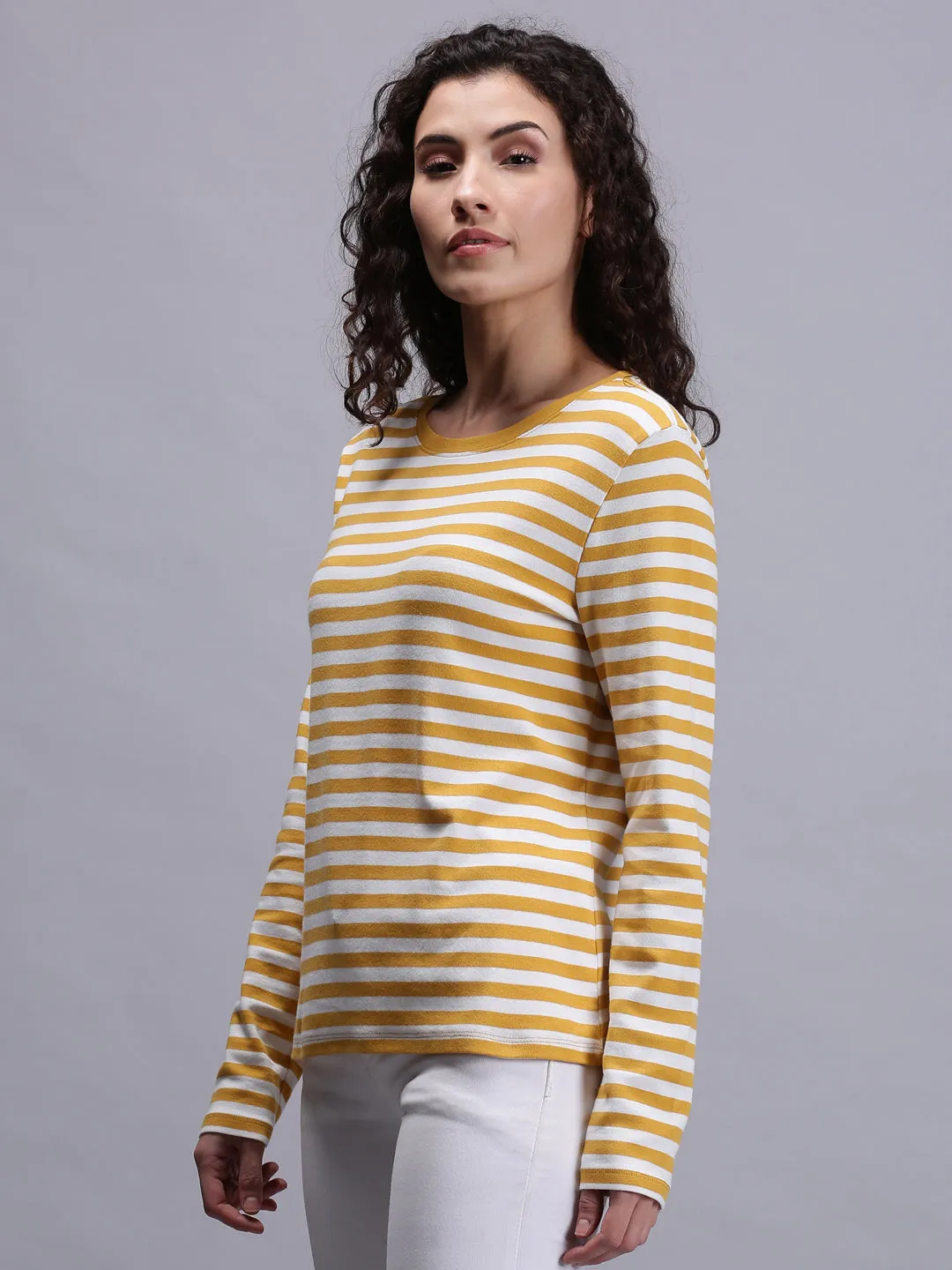 Women Yellow Striped Crew Neck T-shirt